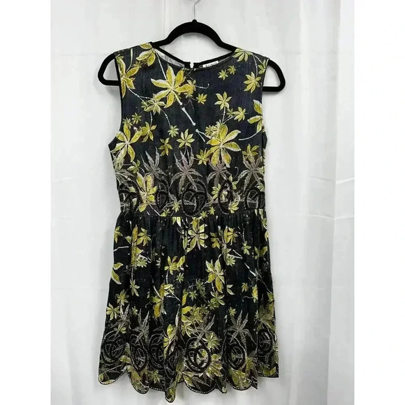 SUNO‎ (6) Black & Yellow 100% Silk Mini Sleeveless Fit & Flare Eyelet Mini Dress - Picture 4 of 14